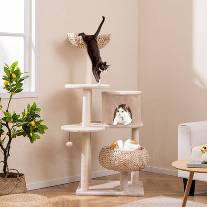 146 cm Cat Tree with Sisal Scratching Posts and Perch-Beige