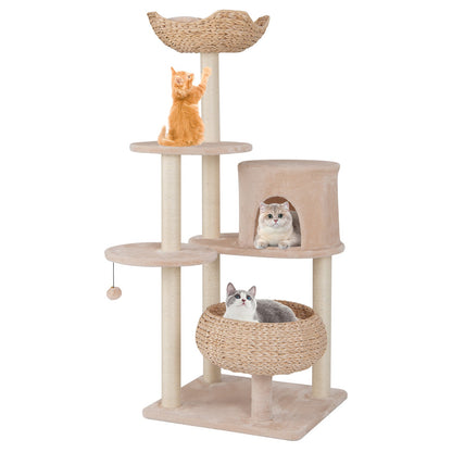 146 cm Cat Tree with Sisal Scratching Posts and Perch-Beige