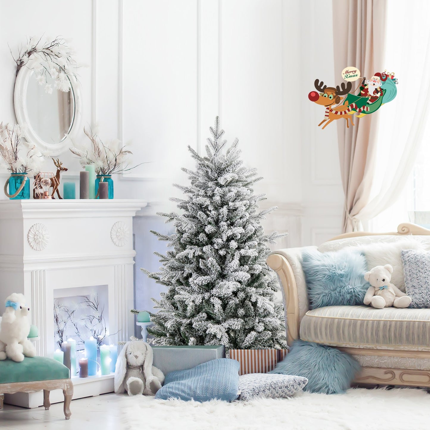147/186 Flocked Christmas Tree with 8 Lighting Modes-S