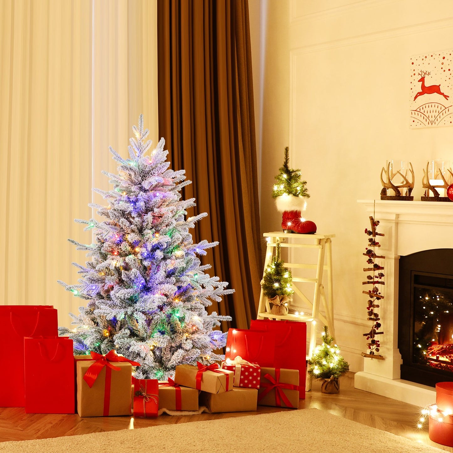 147/186 Flocked Christmas Tree with 8 Lighting Modes-S