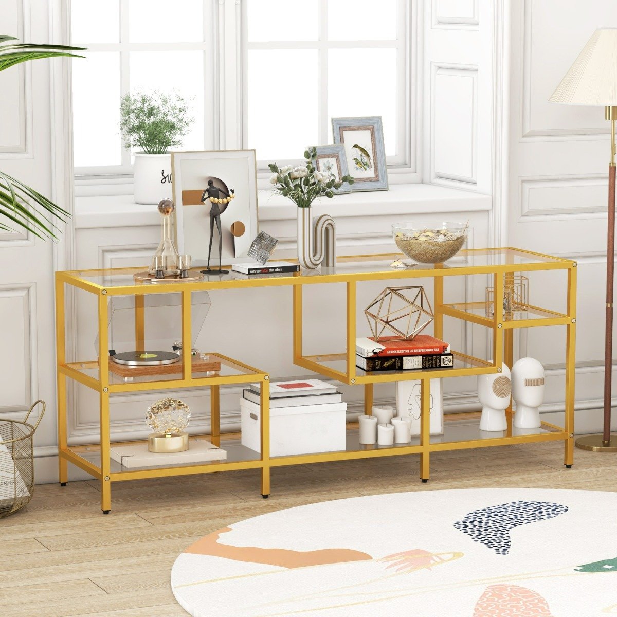 147cm TV Console Table with Tempered Glass Shelves-Golden