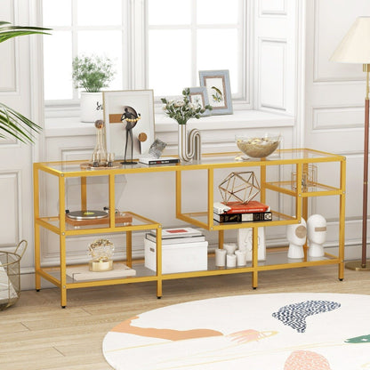 147cm TV Console Table with Tempered Glass Shelves-Golden