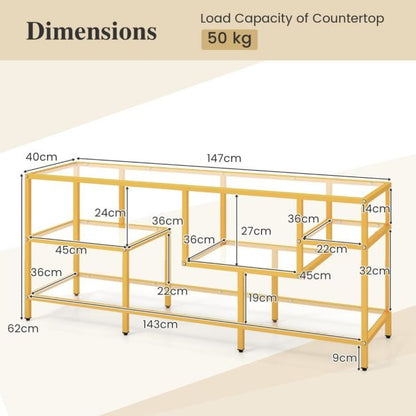 58 Inch TV Console Table with Tempered Glass Shelves for Living Room-Gold