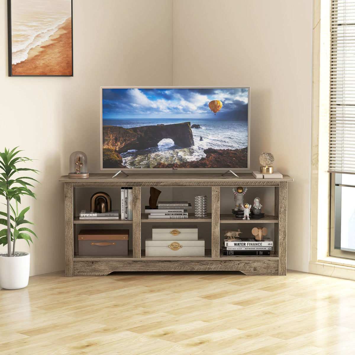147cm TV Stand for TVs up to 65 Inches with 6 Open Storage Shelves-Grey