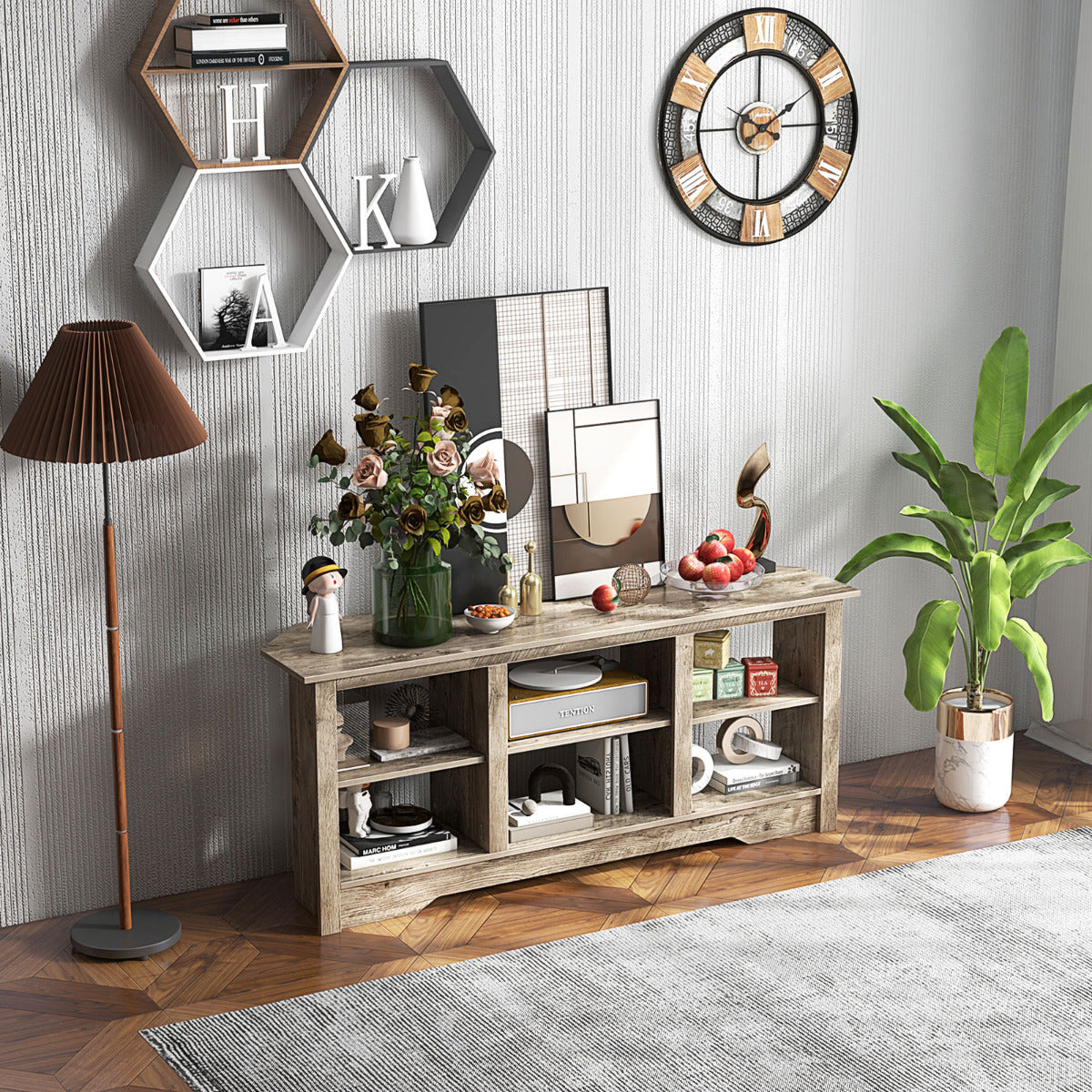 147cm TV Stand for TVs up to 65 Inches with 6 Open Storage Shelves-Grey