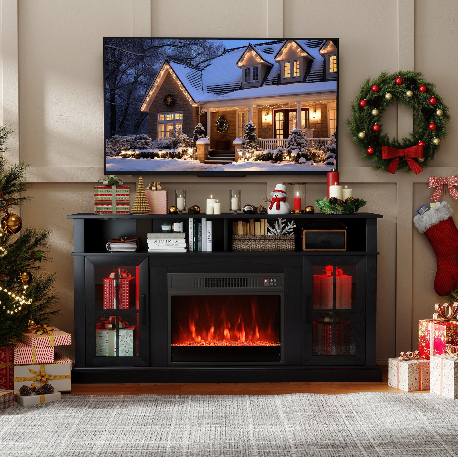 148cm Fireplace TV Stand with LED Lights Entertainment Center for 65 Inch TV-Black