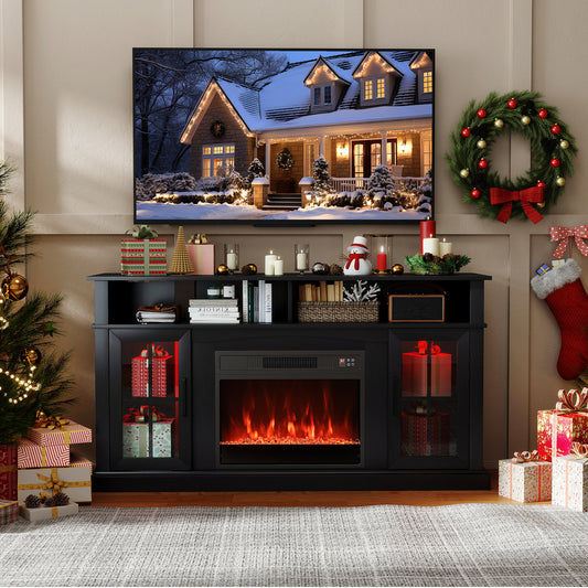148cm Fireplace TV Stand with LED Lights Entertainment Center for 65 Inch TV-Black