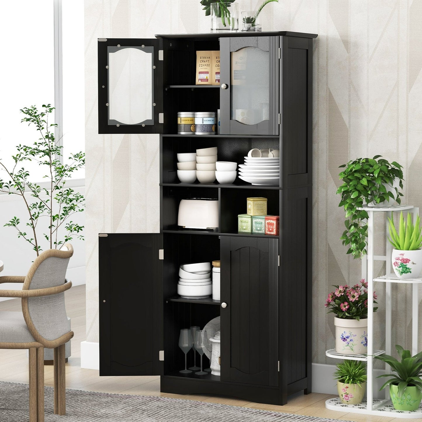148cm Tall Bathroom Cabinet Storage Cabinet with Glass Doors-Black