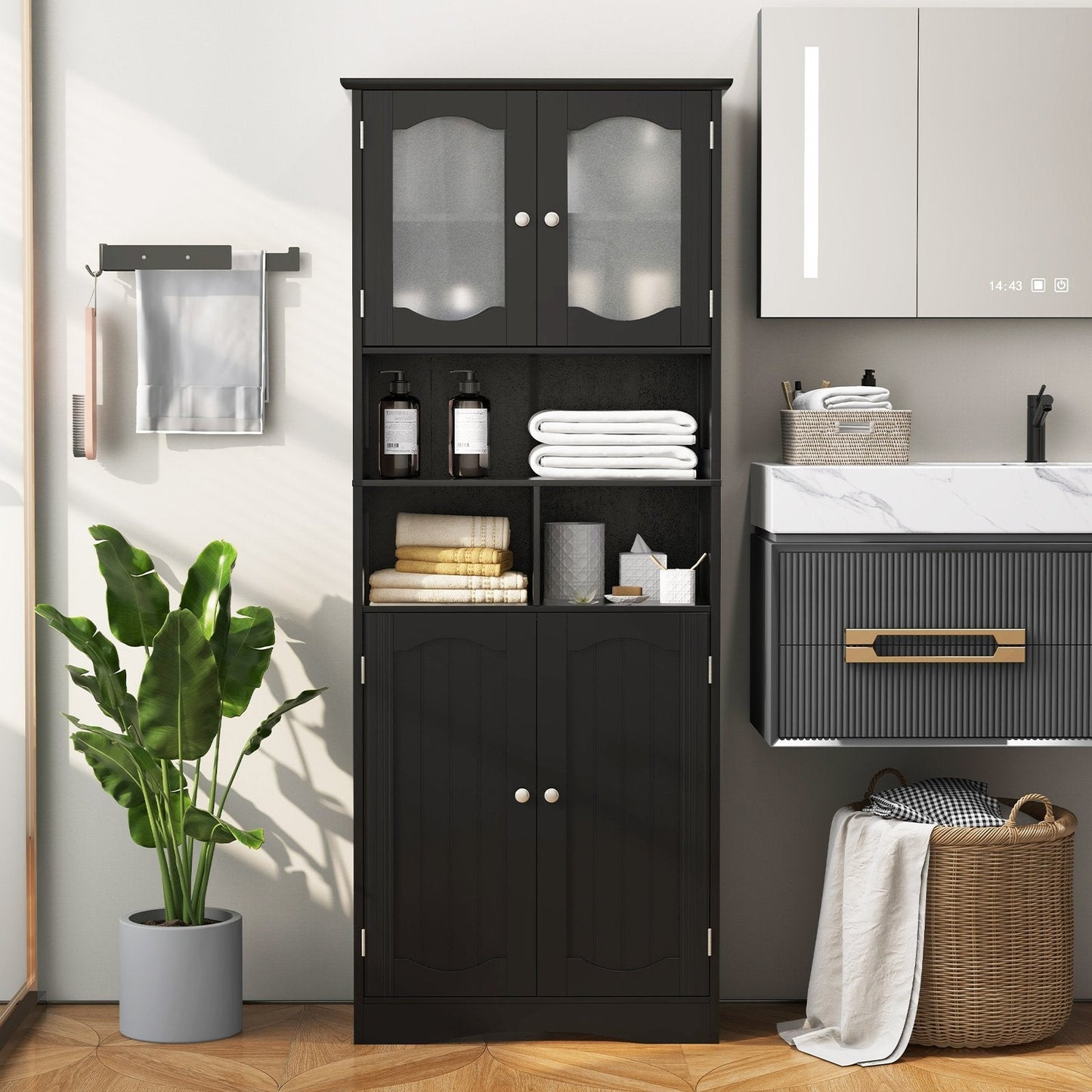 148cm Tall Bathroom Cabinet Storage Cabinet with Glass Doors-Black