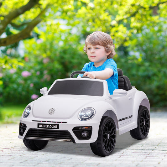 Samochód jeździk AIYAPLAY Volkswagen Beetle z licencją 12V, z pilotem, zawieszeniem kół, łagodnym rozruchem, światłami, muzyką, biały