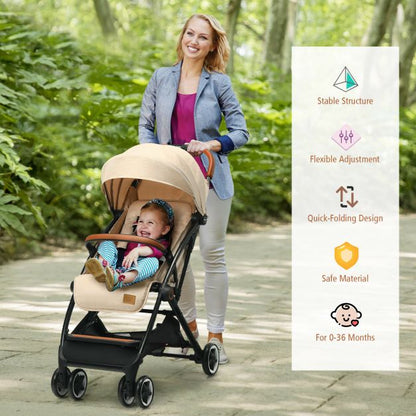 Folding Pushchair with Adjustable Backrest and Footrest-Beige