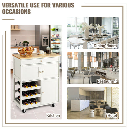 Rolling Kitchen Cart with 3 Tier Wine Racks and Cupboards-White