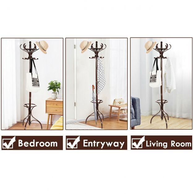 Practical Birch Coat Stand with 360° Rotating Top Tier for Jacket Red-Brown