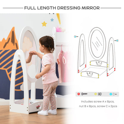 HOMCOM Free Standing Full Length Mirror, Child's Dressing Mirror with storage shelf, Children's White Bedroom Furniture 360 Rotation MDF, For 3- 8 Years Old, 40L x 30W x 104H cm