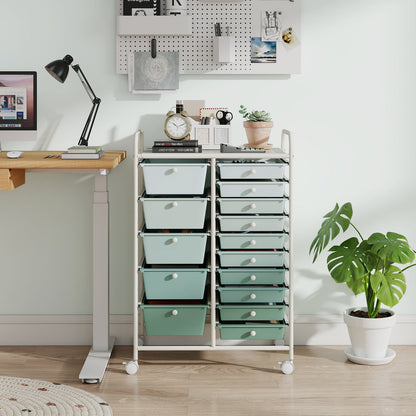 15 Drawer Rolling Storage Cart with 4 Wheels for Beauty Salon-Green