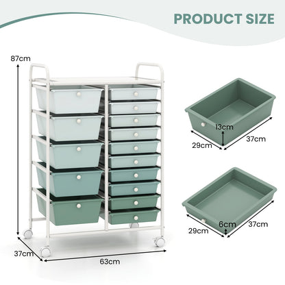 15 Drawer Rolling Storage Cart with 4 Wheels for Beauty Salon-Green