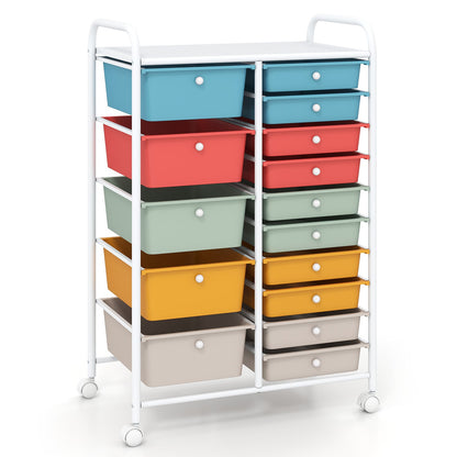 15 Drawer Rolling Storage Cart with Metal Frame and Lockable Wheels for Art Crafts-Rainbow