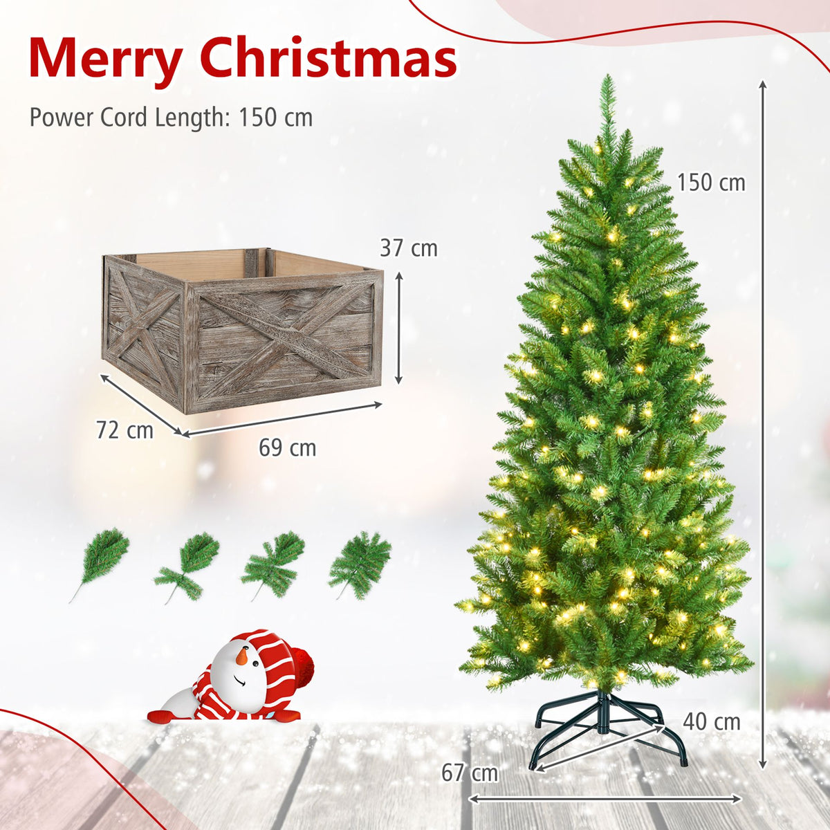150 CM Artificial Christmas Tree with Wood Collar and 300 Full Branch Tips