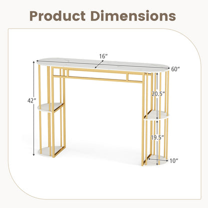 150 CM Long Bar Table with Faux Marble Tabletop & Storage Shelves for Kitchen & Dining-Golden and White