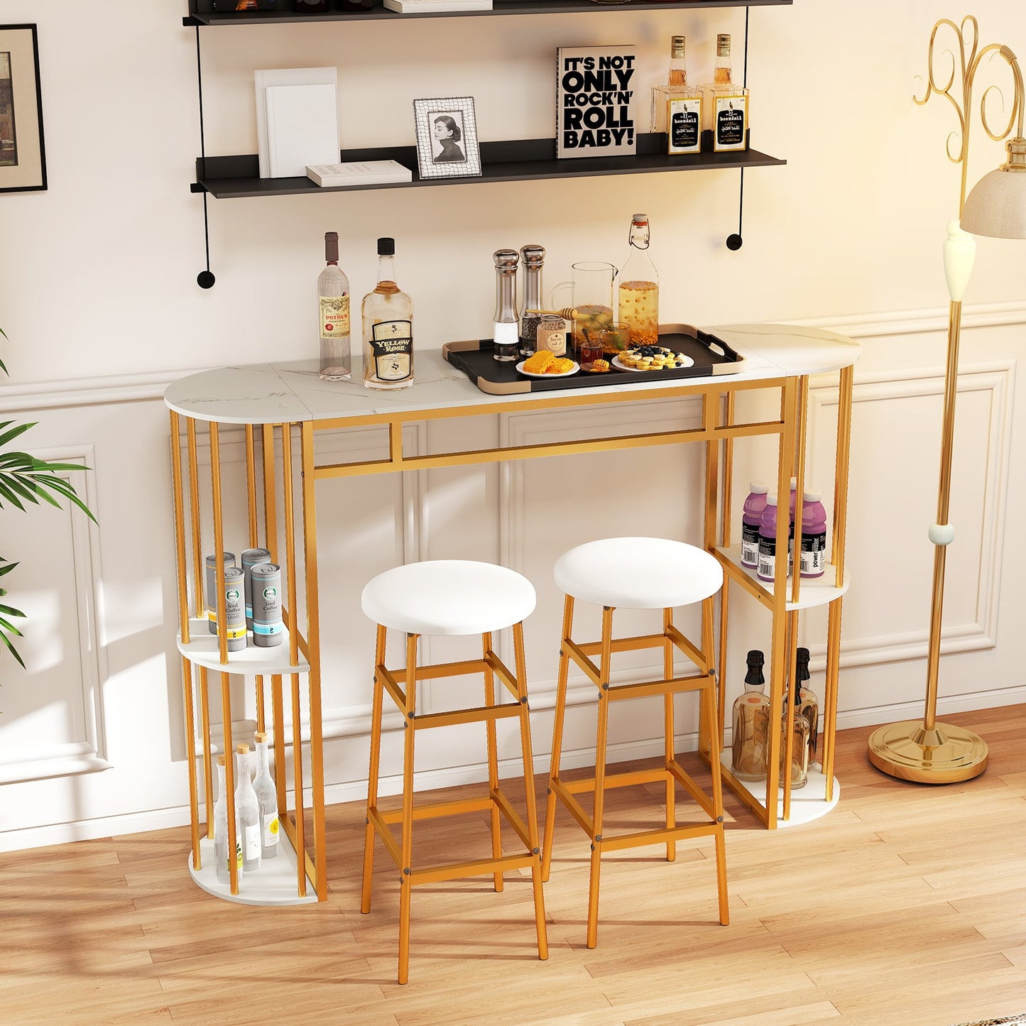 150 CM Long Bar Table with Faux Marble Tabletop & Storage Shelves for Kitchen & Dining-Golden and White
