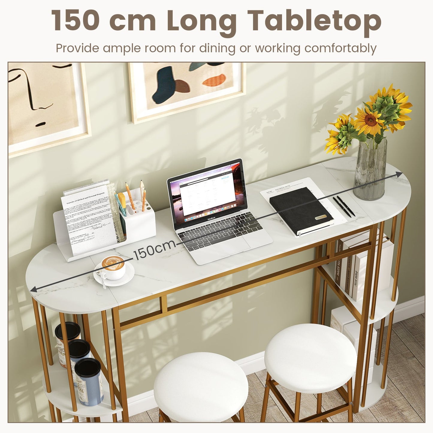 150 CM Long Bar Table with Faux Marble Tabletop & Storage Shelves for Kitchen & Dining-Golden and White