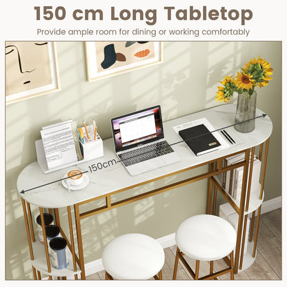 150 CM Long Bar Table with Faux Marble Tabletop & Storage Shelves for Kitchen & Dining-Golden and White