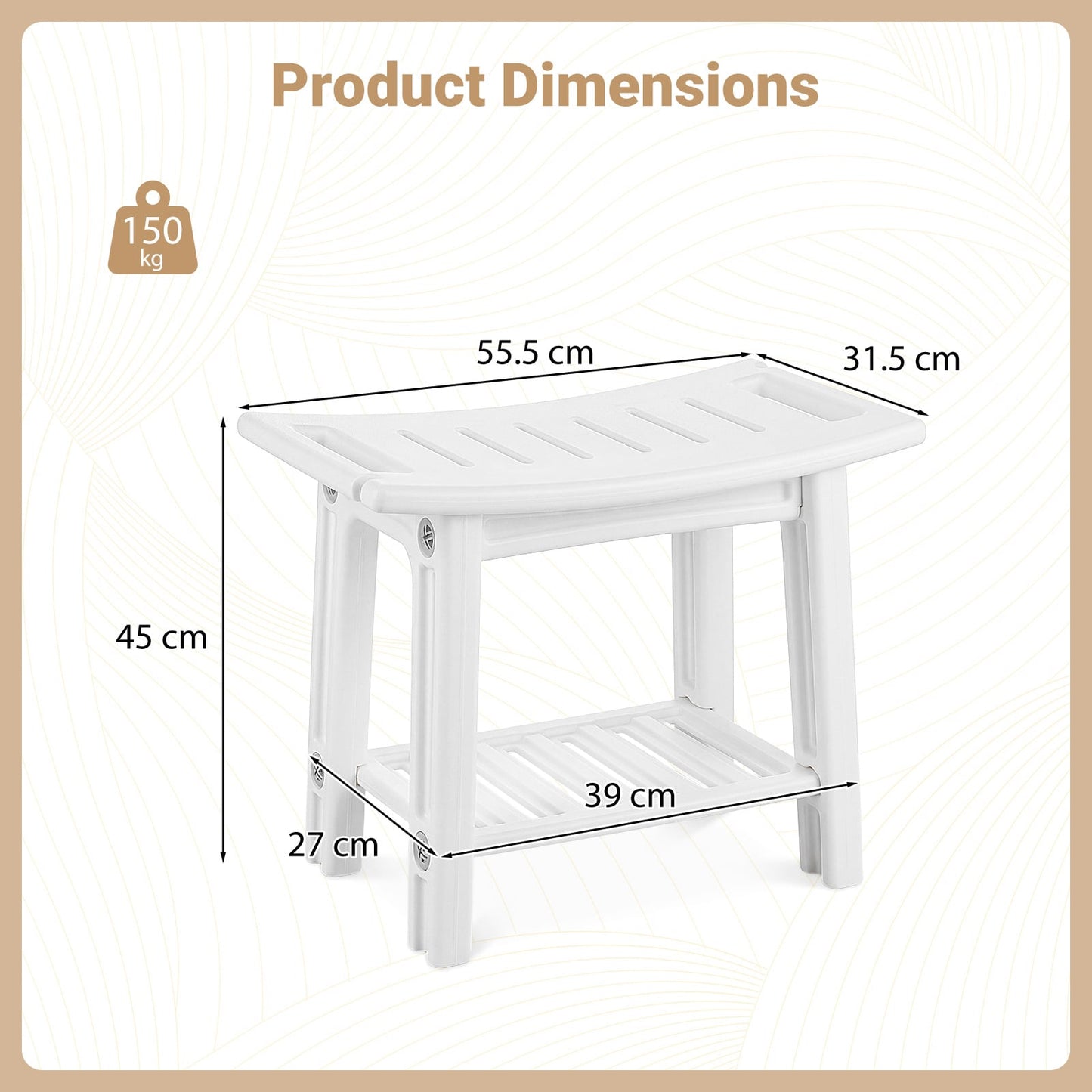 150 KG Capacity HDPE Shower Bench with Storage Shelf and Handles-White