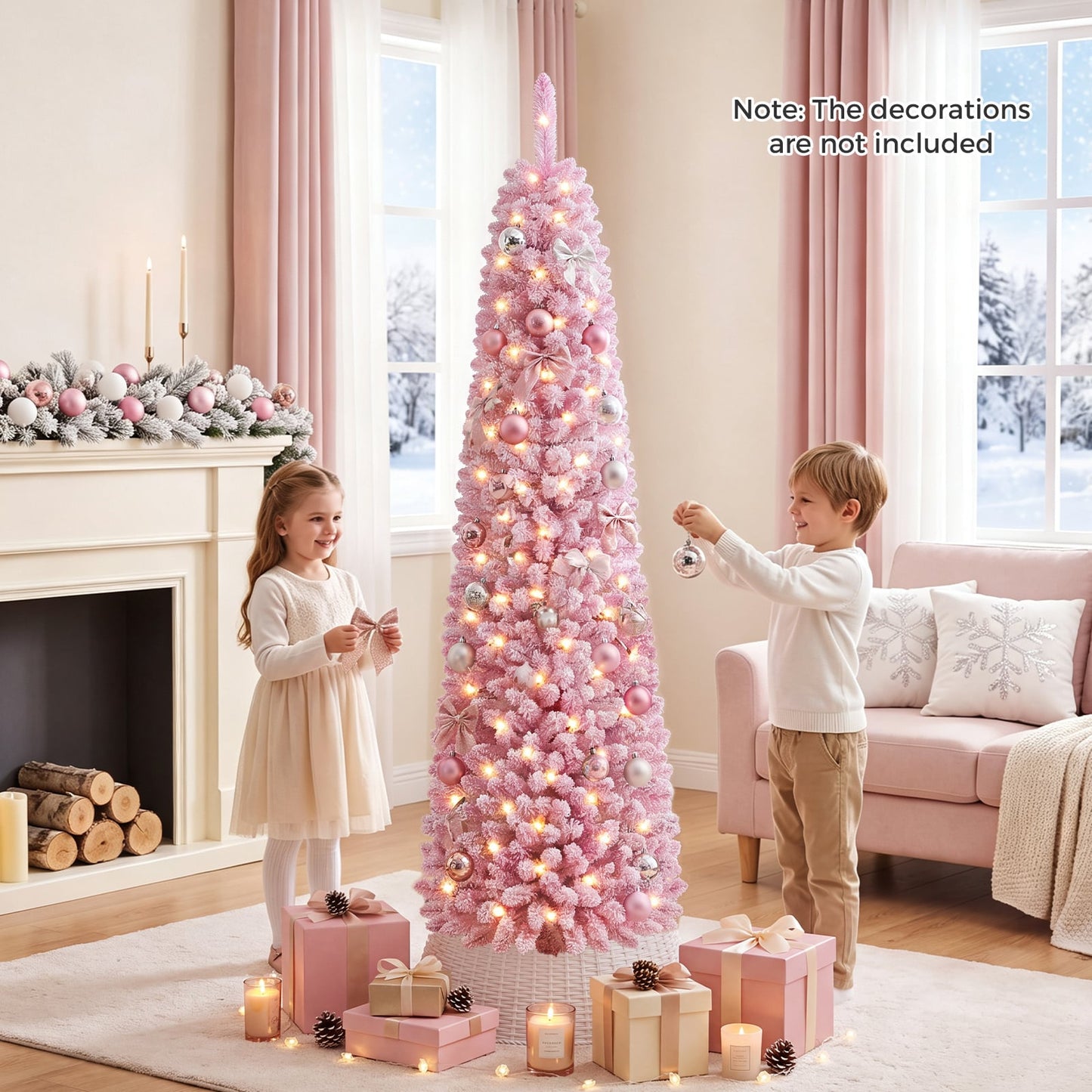 150 cm Pink Artificial Christmas Tree, Pre-lit Pencil Xmas Tree