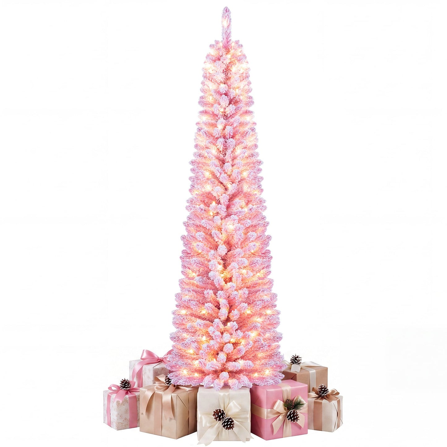 150 cm Pink Artificial Christmas Tree, Pre-lit Pencil Xmas Tree