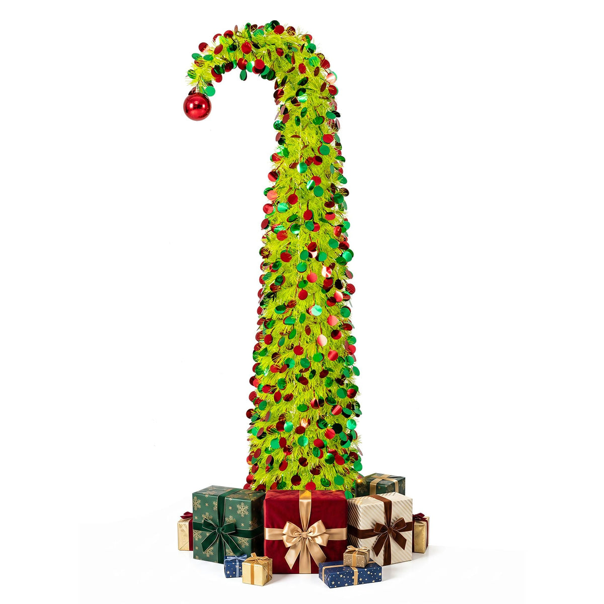 150 cm Pop Up Whimsical Christmas Tree with Arched Treetop and Xmas Ball for Small Space