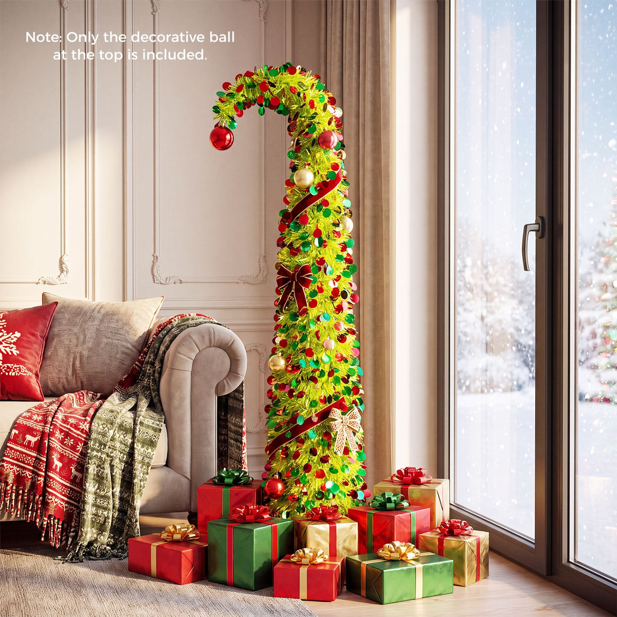 150 cm Pop Up Whimsical Christmas Tree with Arched Treetop and Xmas Ball for Small Space