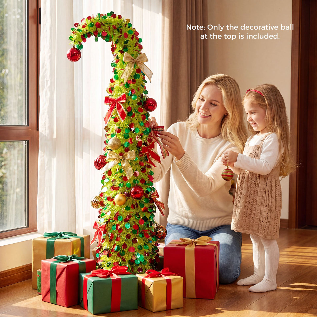 150 cm Pop Up Whimsical Christmas Tree with Arched Treetop and Xmas Ball for Small Space