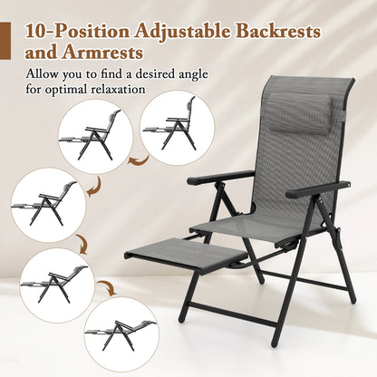 150 kg Capacity Folding Patio Chairs Set of 2 with 10-Level Adjustable Backrests and Armrests-Grey