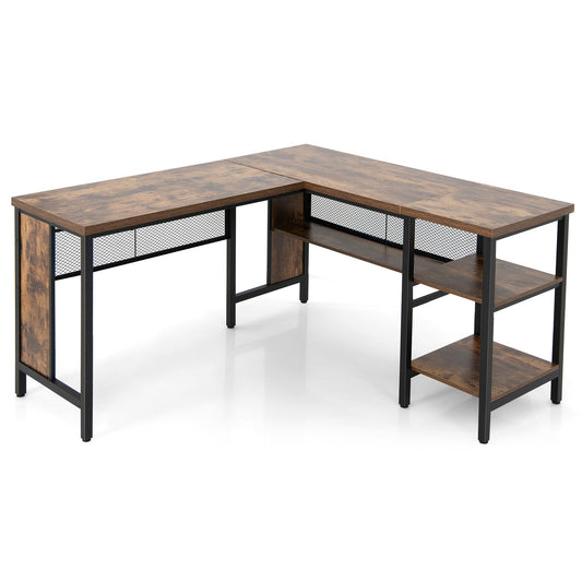 Large Corner L-Shaped Computer Desk with 3 Storage Shelves in Rustic Brown