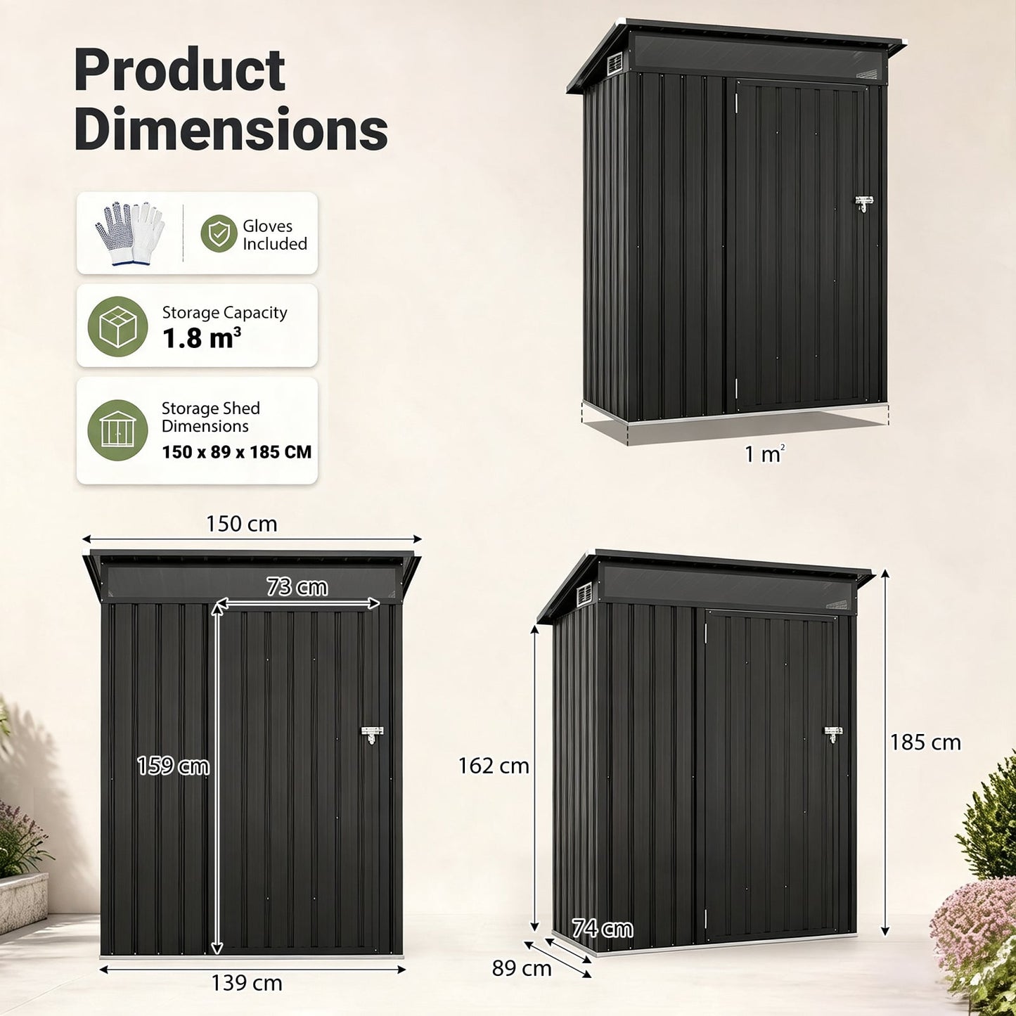 150 x 89 x 185 CM Outdoor Storage Shed with Lockable Door and Sloping Roof-Dark Grey