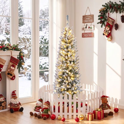 150CM Pre-lit Snow Flocked Christmas Tree with 130/200 Warm White LED Lights