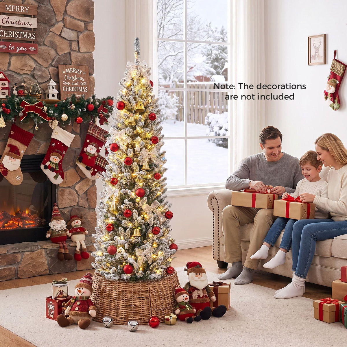 150CM Pre-lit Snow Flocked Christmas Tree with 130/200 Warm White LED Lights