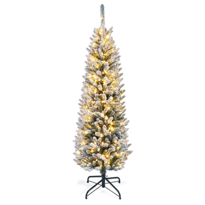 150CM Pre-lit Snow Flocked Christmas Tree with 130/200 Warm White LED Lights