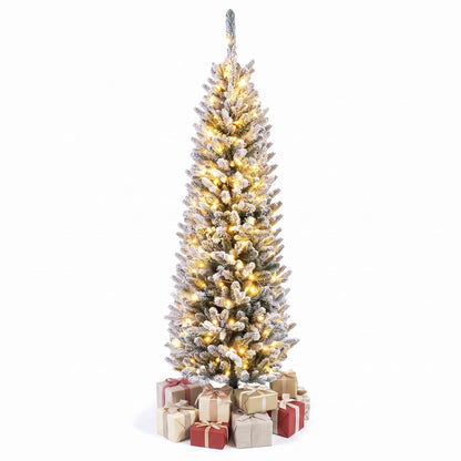 150CM Pre-lit Snow Flocked Christmas Tree with 130/200 Warm White LED Lights