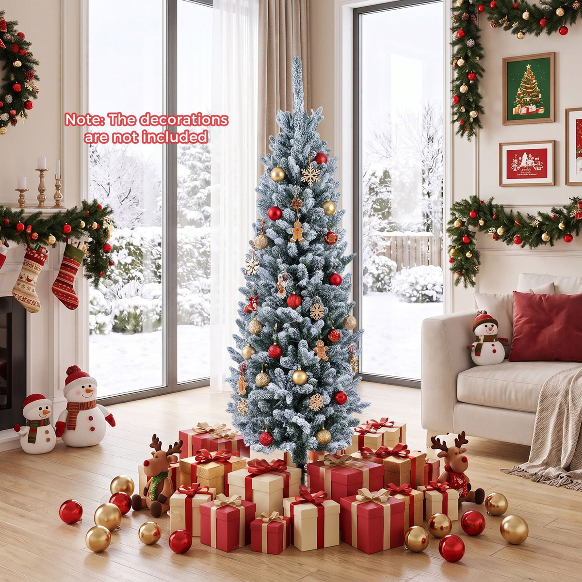 150CM Pre-lit Snow Flocked Christmas Tree with 130/200 Warm White LED Lights