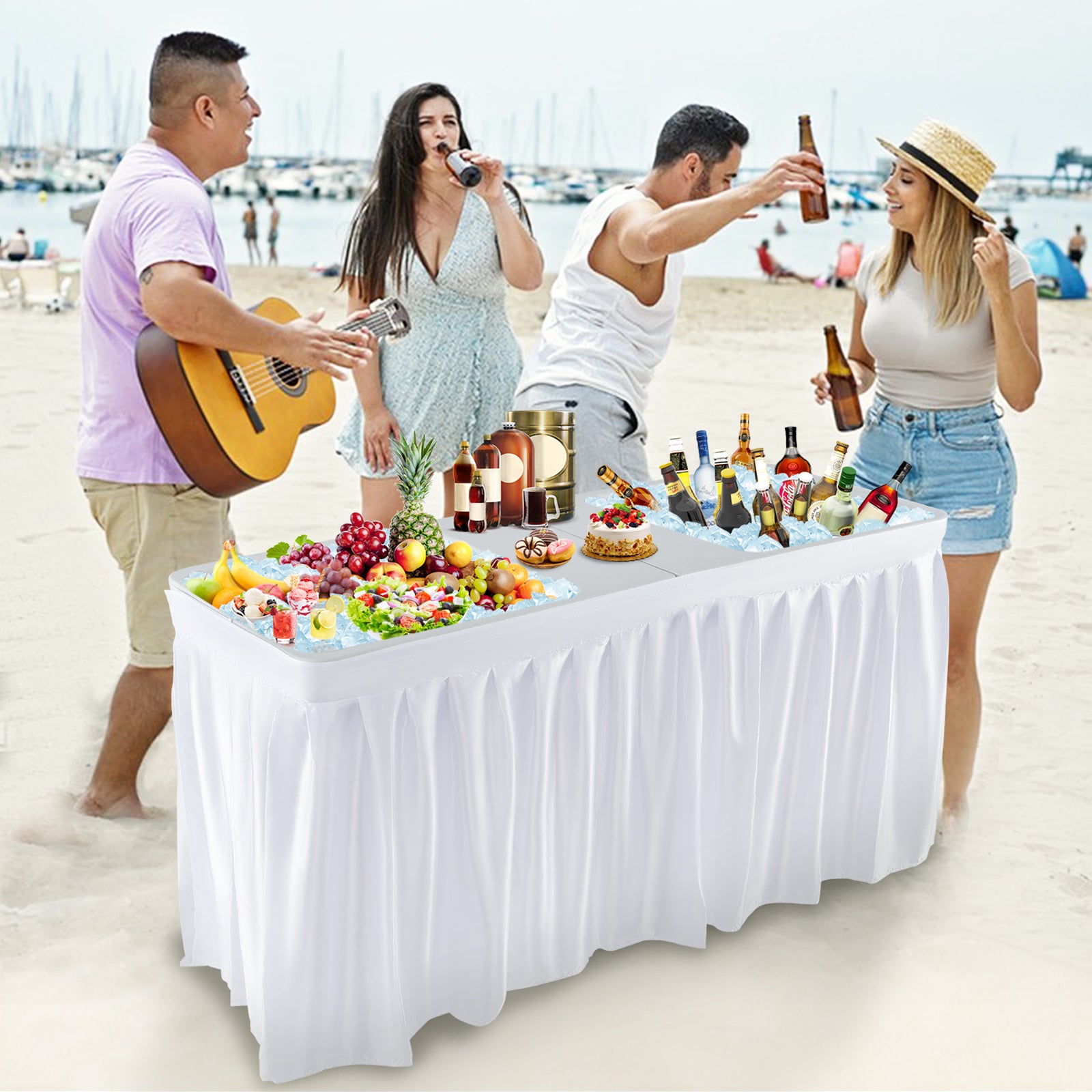 150CM Folding Ice Cooler Table with Double Sinks-White