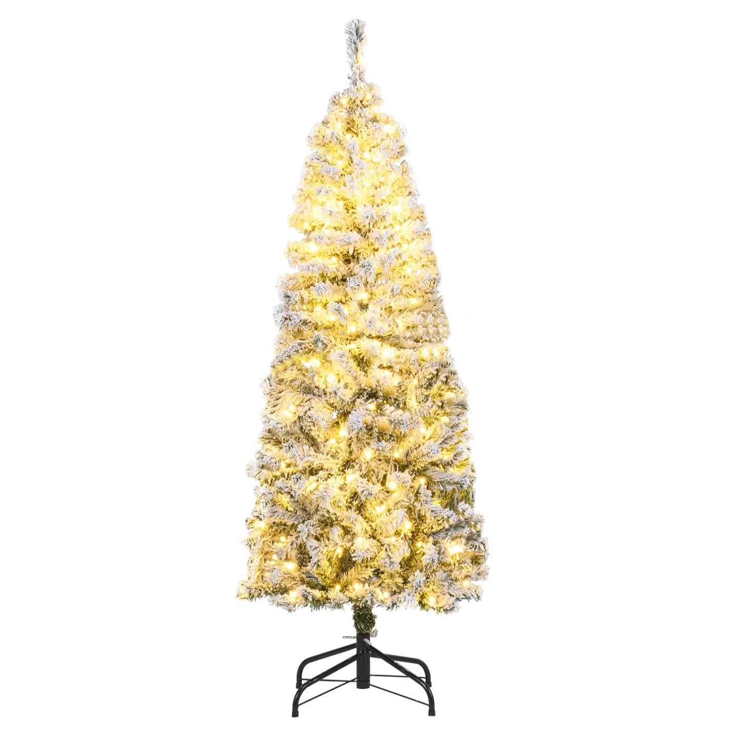 150 CM Pre-Lit Christmas Tree Hinged Slim Pencil Xmas Tree with 329 Snow Flocked PVC Branch Tips-1.5 M
