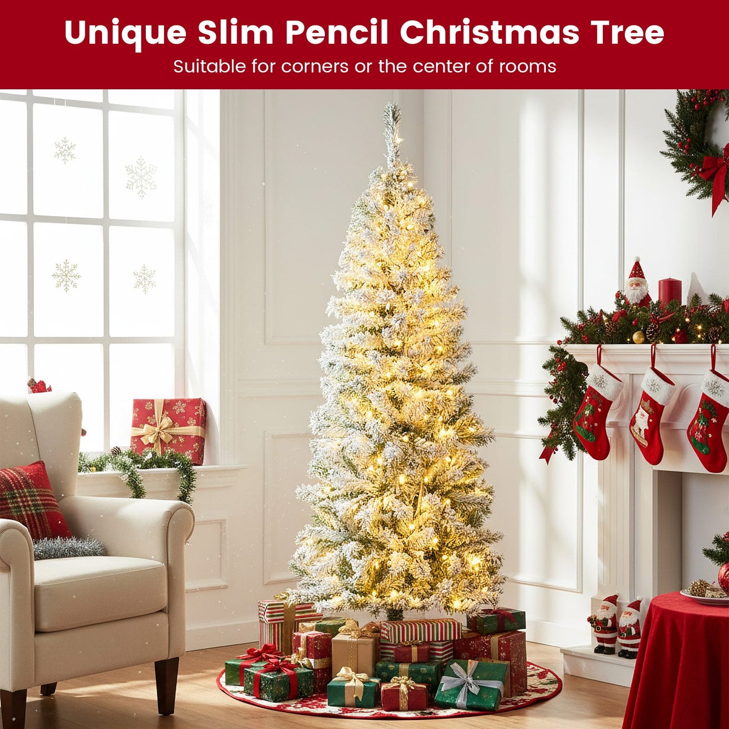 150 CM Pre-Lit Christmas Tree Hinged Slim Pencil Xmas Tree with 329 Snow Flocked PVC Branch Tips-1.5 M