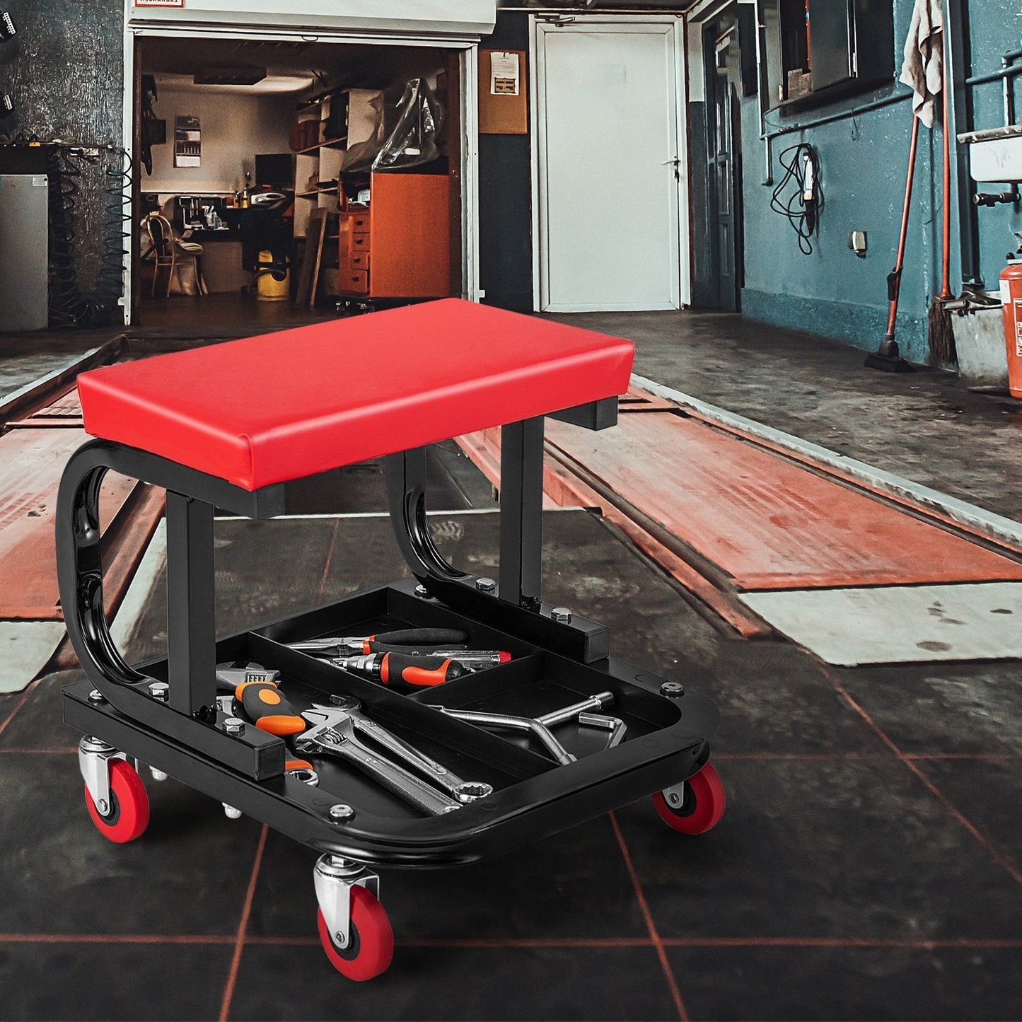 150 kg Capacity Rolling Mechanic Stool with Tool Tray