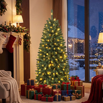 150cm Artificial Pine Xmas Tree with Full Branch Tips LED Lights with 2 Colors Folding Metal Stand