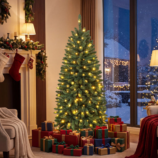150cm Artificial Pine Xmas Tree with Full Branch Tips LED Lights with 2 Colors Folding Metal Stand