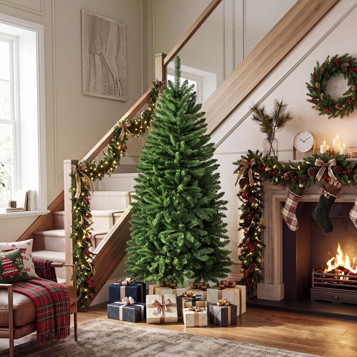 150cm Artificial Pine Xmas Tree with Full Branch Tips LED Lights with 2 Colors Folding Metal Stand