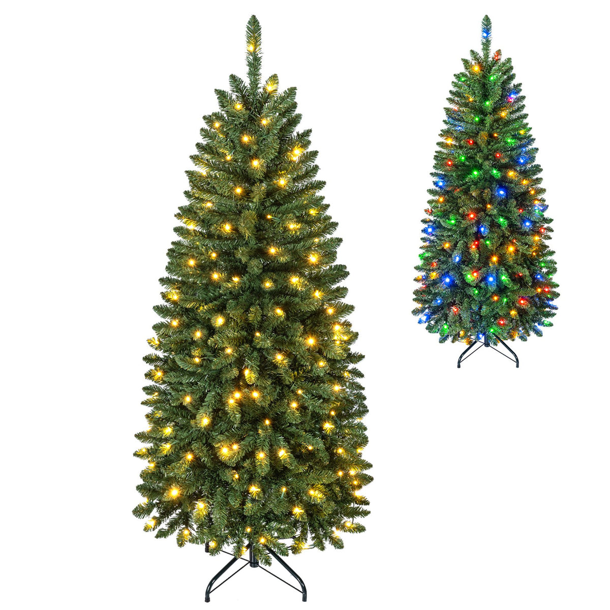 150cm Artificial Pine Xmas Tree with Full Branch Tips LED Lights with 2 Colors Folding Metal Stand