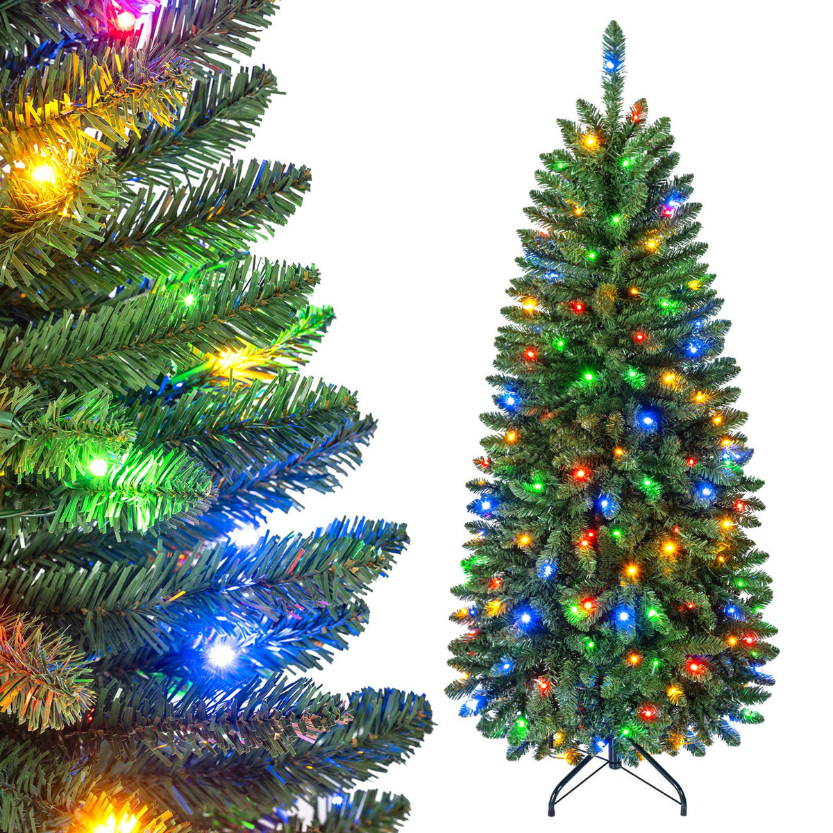 150cm Artificial Pine Xmas Tree with Full Branch Tips LED Lights with 2 Colors Folding Metal Stand