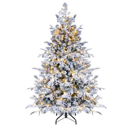 150cm Flocked Christmas Tree with Full Branch Tips LED Lights and Folding Metal Stand
